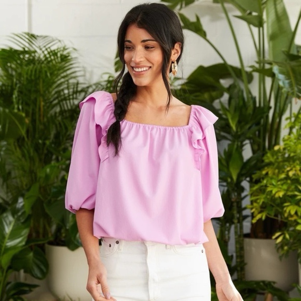 Crosby by Mollie Burch Flow Puff Sleeve Ruffle Trim Blouse Top Orchid Pink M